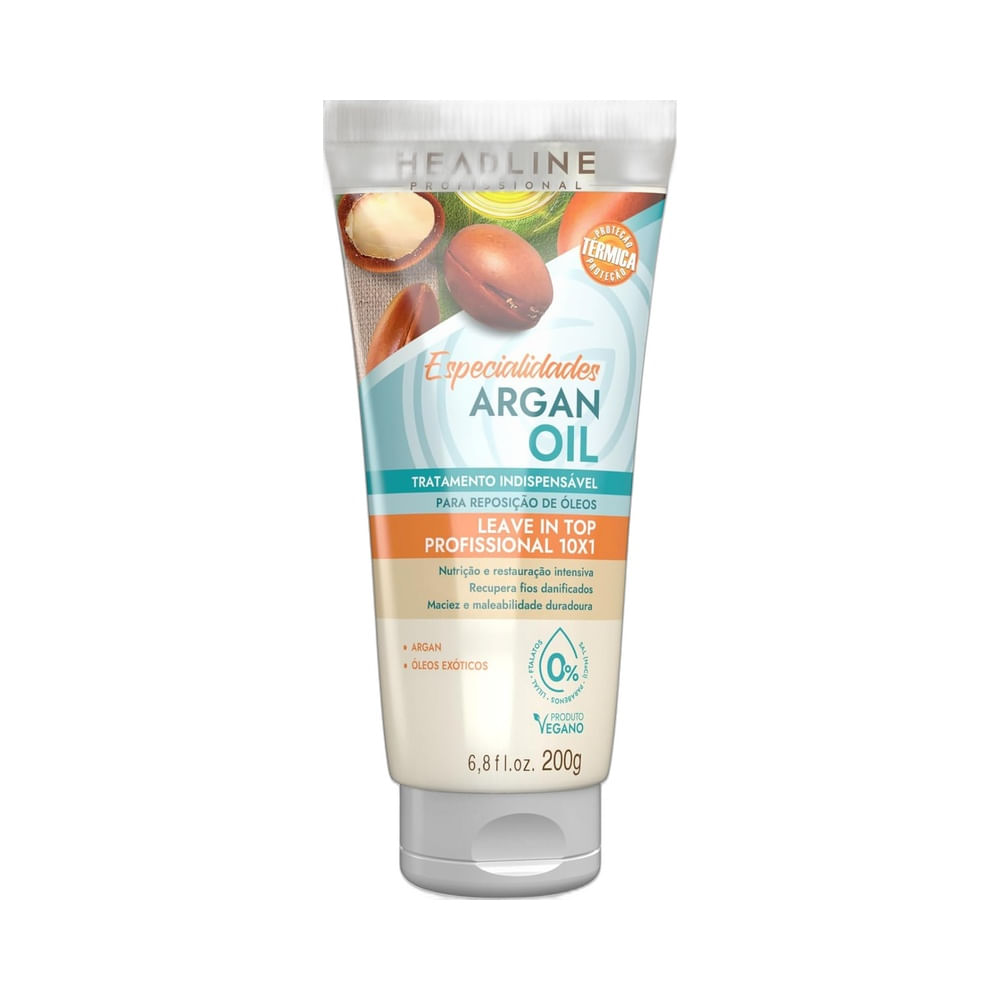 Leave-In Headline 10 em 1 Especialidades Argan Oil 200ml em embalagem bisnaga branca com detalhes em azul e laranja